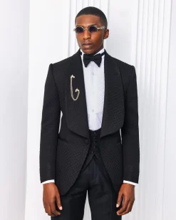 A Charcoal Black, Square Patterned jacquard shawl lapel tuxedo suit