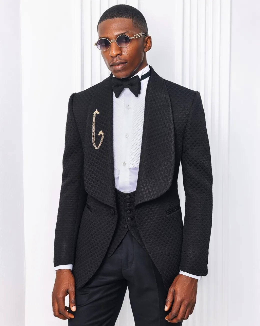 A Charcoal Black, Square Patterned jacquard shawl lapel tuxedo suit