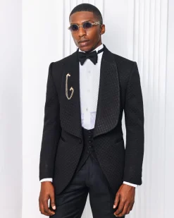 A Charcoal Black, Square Patterned jacquard shawl lapel tuxedo suit