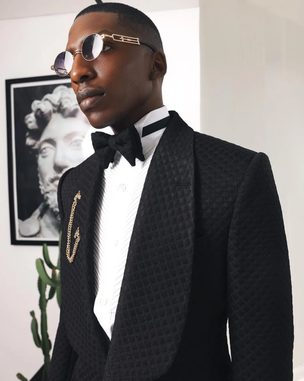 A Charcoal Black, Square Patterned jacquard shawl lapel tuxedo suit