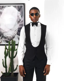 A Charcoal Black, Square Patterned jacquard shawl lapel tuxedo suit
