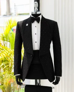 A Charcoal Black Square-Patterned Jacquard Shawl Lapel Tuxedo Suit