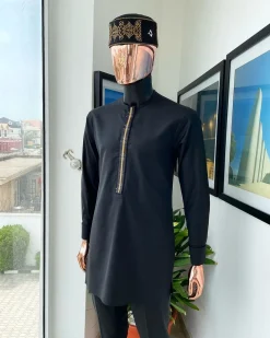 A charcoal black, starkled connected rectangle embroidery detailing African traditional kaftan, fila and Sokoto