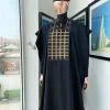 A charcoal black startled connected rectangle, with ss30 light topaz Swarovski crystal detailing agbada