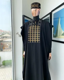 A charcoal black startled connected rectangle, with ss30 light topaz Swarovski crystal detailing agbada