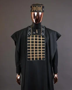 A charcoal black startled connected rectangle, with ss30 light topaz Swarovski crystal detailing agbada