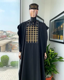 A charcoal black startled connected rectangle, with ss30 light topaz Swarovski crystal detailing agbada