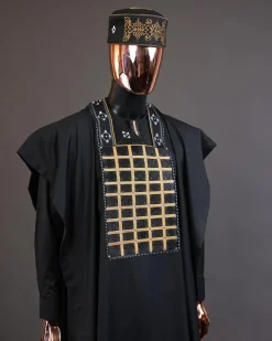 A charcoal black startled connected rectangle, with ss30 light topaz Swarovski crystal detailing agbada
