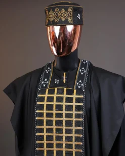 A charcoal black startled connected rectangle, with ss30 light topaz Swarovski crystal detailing agbada
