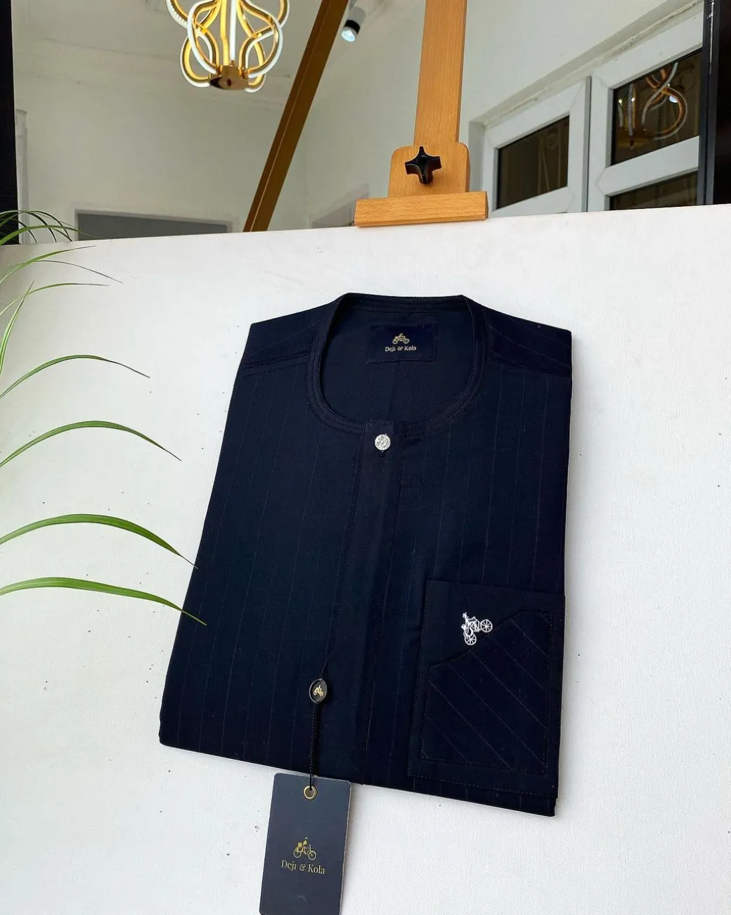 A Charcoal Black stripe with an inverted travelling pocket Senator kaftan and Sokoto