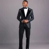 A Charcoal Black, Stuffed Or Slanted Square-Patterned Jacquard Peak lapel Tuxedo Suit