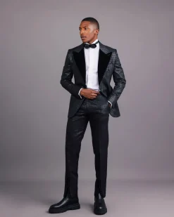 A Charcoal Black, Stuffed Or Slanted Square-Patterned Jacquard Peak lapel Tuxedo Suit