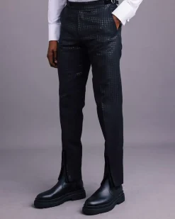 A Charcoal Black, Stuffed Or Slanted Square-Patterned Jacquard Peak lapel Tuxedo Suit