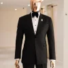 A Charcoal Black, stuffed/slanted Square Patterned jacquard peak lapel tuxedo suit