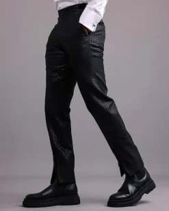 A Charcoal Black, Stuffed/Slanted Square-Patterned Jacquard pant with zip-line detailing