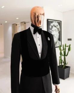 A Charcoal Black, stuffed/slanted Square Patterned jacquard peak lapel tuxedo suit