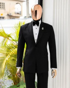 A Charcoal Black, stuffed/slanted Square Patterned jacquard peak lapel tuxedo suit