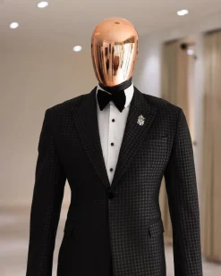 A Charcoal Black, stuffed/slanted Square Patterned jacquard peak lapel tuxedo suit