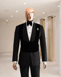 A Charcoal Black, stuffed/slanted Square Patterned jacquard peak lapel tuxedo suit