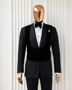 A Charcoal Black, stuffed/slanted Square Patterned jacquard peak lapel tuxedo suit