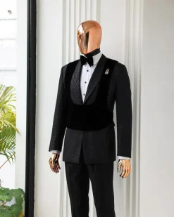 A Charcoal Black, stuffed/slanted Square Patterned jacquard peak lapel tuxedo suit
