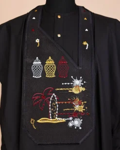 A Charcoal Black, Summer Palm Tree, Pastle Paint Splatter Silver Swarovski Stone Details Agbada