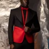 A Charcoal Black Tail Tuxedo Peal Lapel Tuxedo Suit and red Armless One Button Jacket