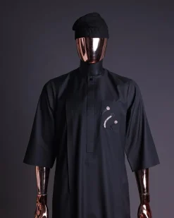 A charcoal black, thrown javelin embrodery details, 3/4 sleeve African senator kaftan native.