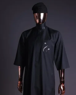 A charcoal black, thrown javelin embrodery details, 3/4 sleeve African senator kaftan native.