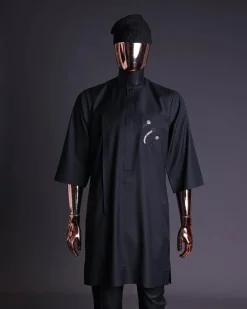 A charcoal black, thrown javelin embrodery details, 3/4 sleeve African senator kaftan native.