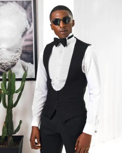 A Charcoal Black U-Cut waist coat with layered back cut.