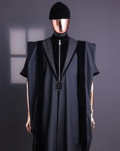 A Charcoal Black, Vehicular Lapelled with Zip Line Flap & Velvet Mix Embroidery Design Details Agbada.