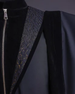 A Charcoal Black, Vehicular Lapelled with Zip Line Flap & Velvet Mix Embroidery Design Details Agbada.