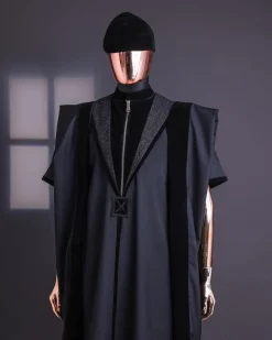 A Charcoal Black, Vehicular Lapelled with Zip Line Flap & Velvet Mix Embroidery Design Details Agbada.