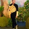 A Charcoal Black Velvet Peak Lapel Blazer With Gold Silk Petals