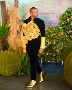 A Charcoal Black Velvet Peak Lapel Blazer With Gold Silk Petals