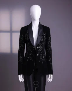 A Charcoal Black Velvet Shawl Lapel Suit With Floral Ceramic Bead Detailing.