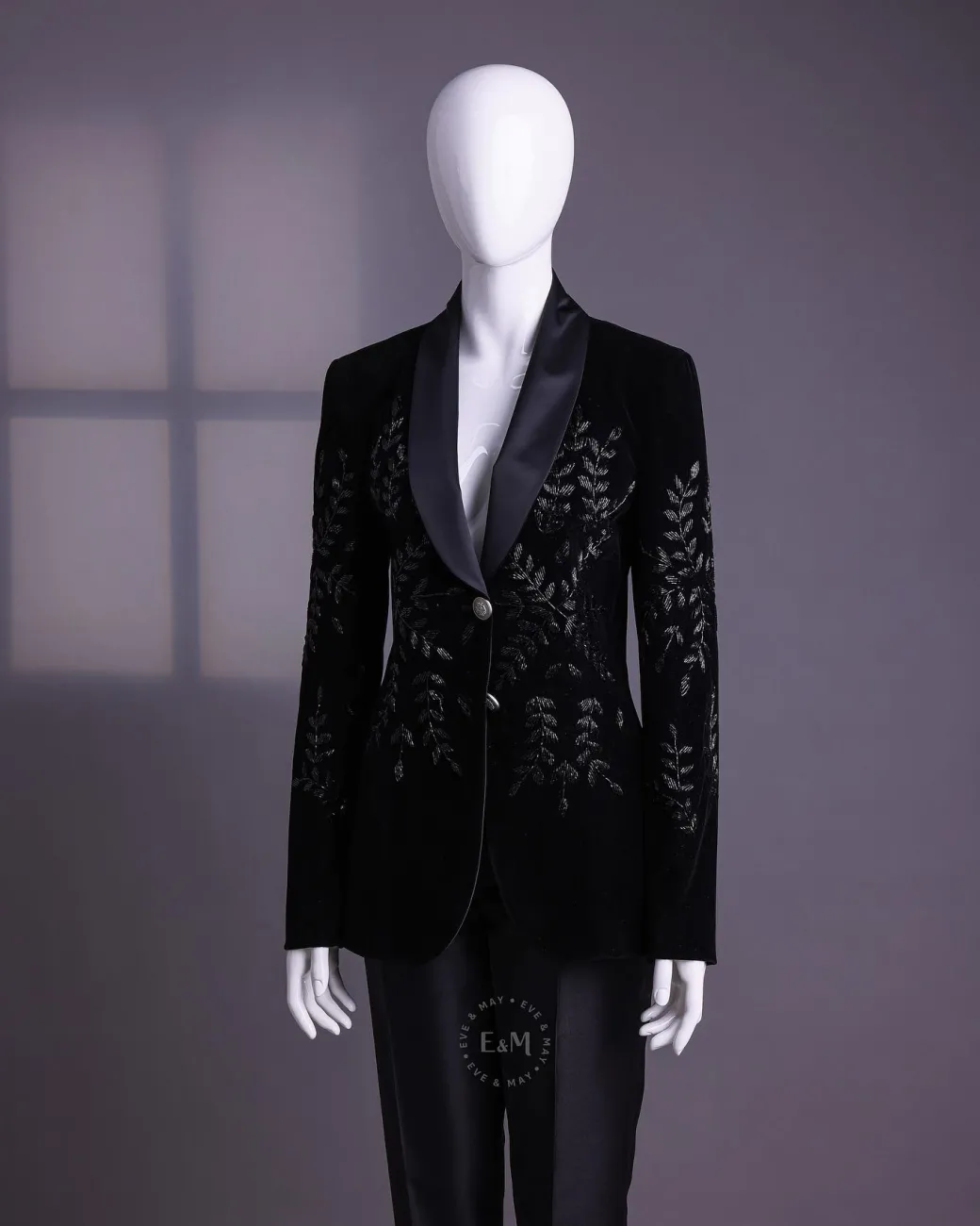 A Charcoal Black Velvet Shawl Lapel Suit With Floral Ceramic Bead Detailing.