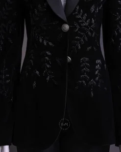 A Charcoal Black Velvet Shawl Lapel Suit With Floral Ceramic Bead Detailing.