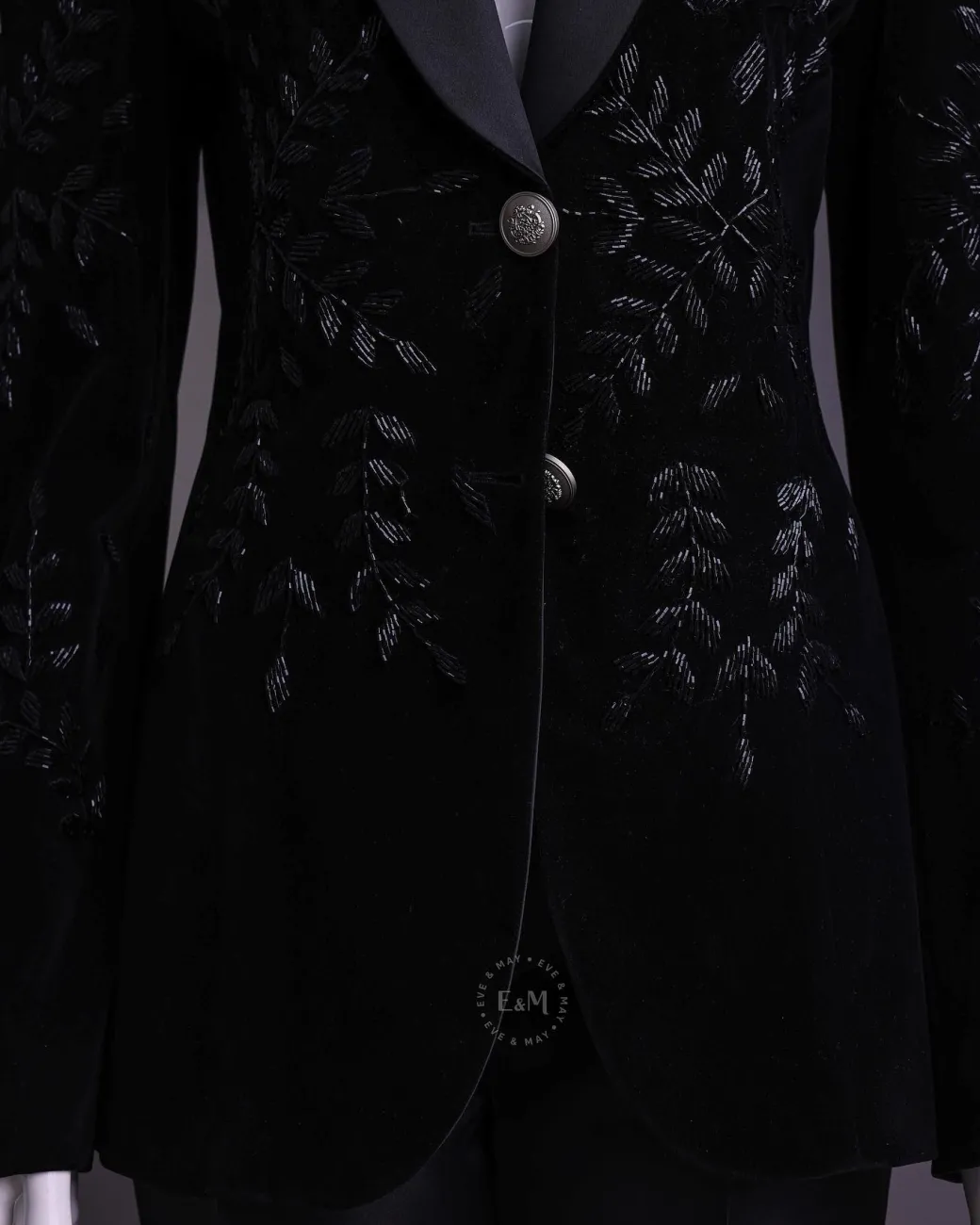 A Charcoal Black Velvet Shawl Lapel Suit With Floral Ceramic Bead Detailing.