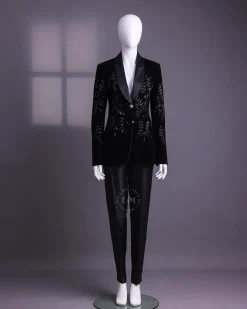 A Charcoal Black Velvet Shawl Lapel Suit With Floral Ceramic Bead Detailing.