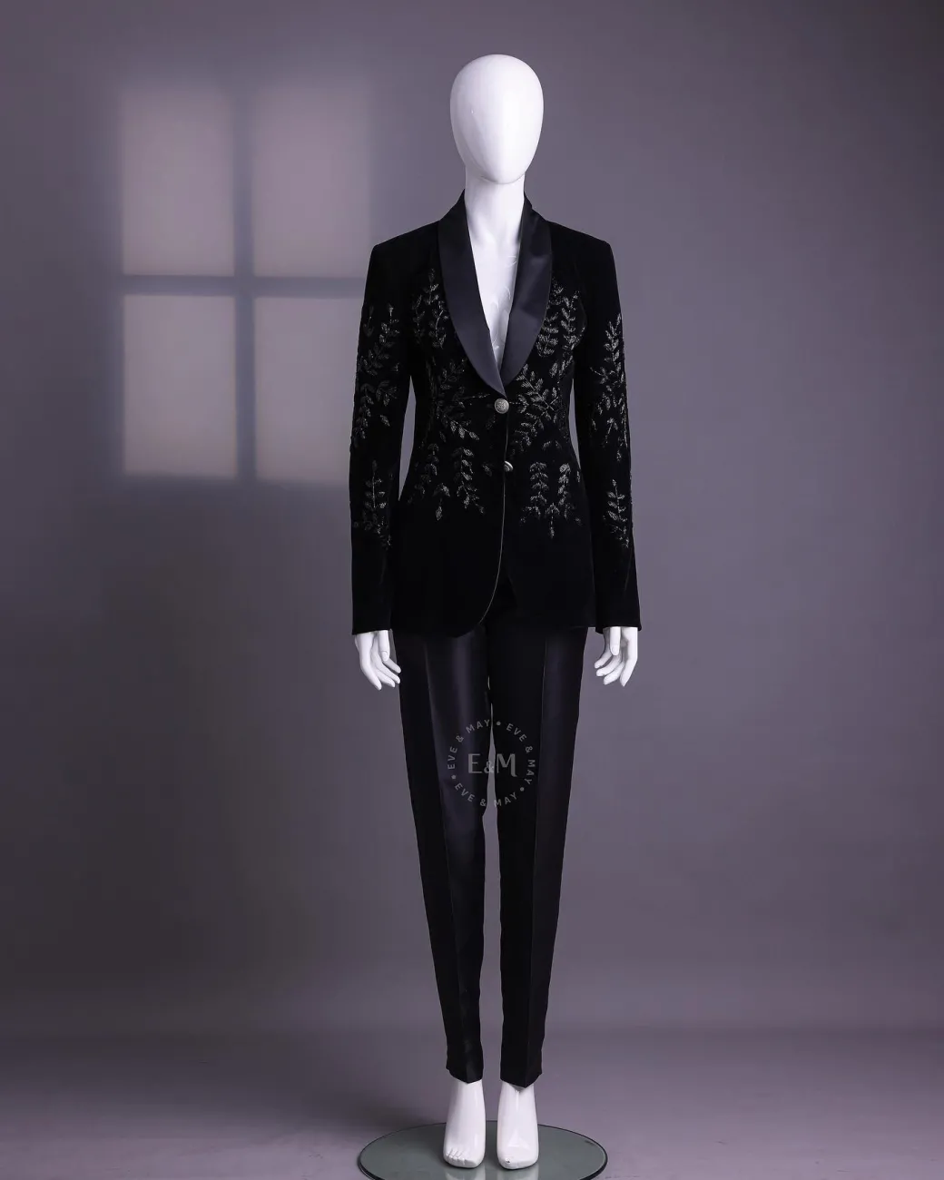 A Charcoal Black Velvet Shawl Lapel Suit With Floral Ceramic Bead Detailing.