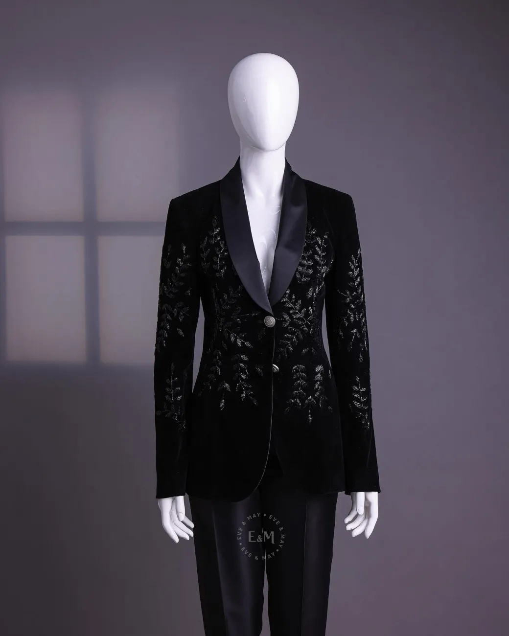 A Charcoal Black Velvet Shawl Lapel Suit With Floral Ceramic Bead Detailing.