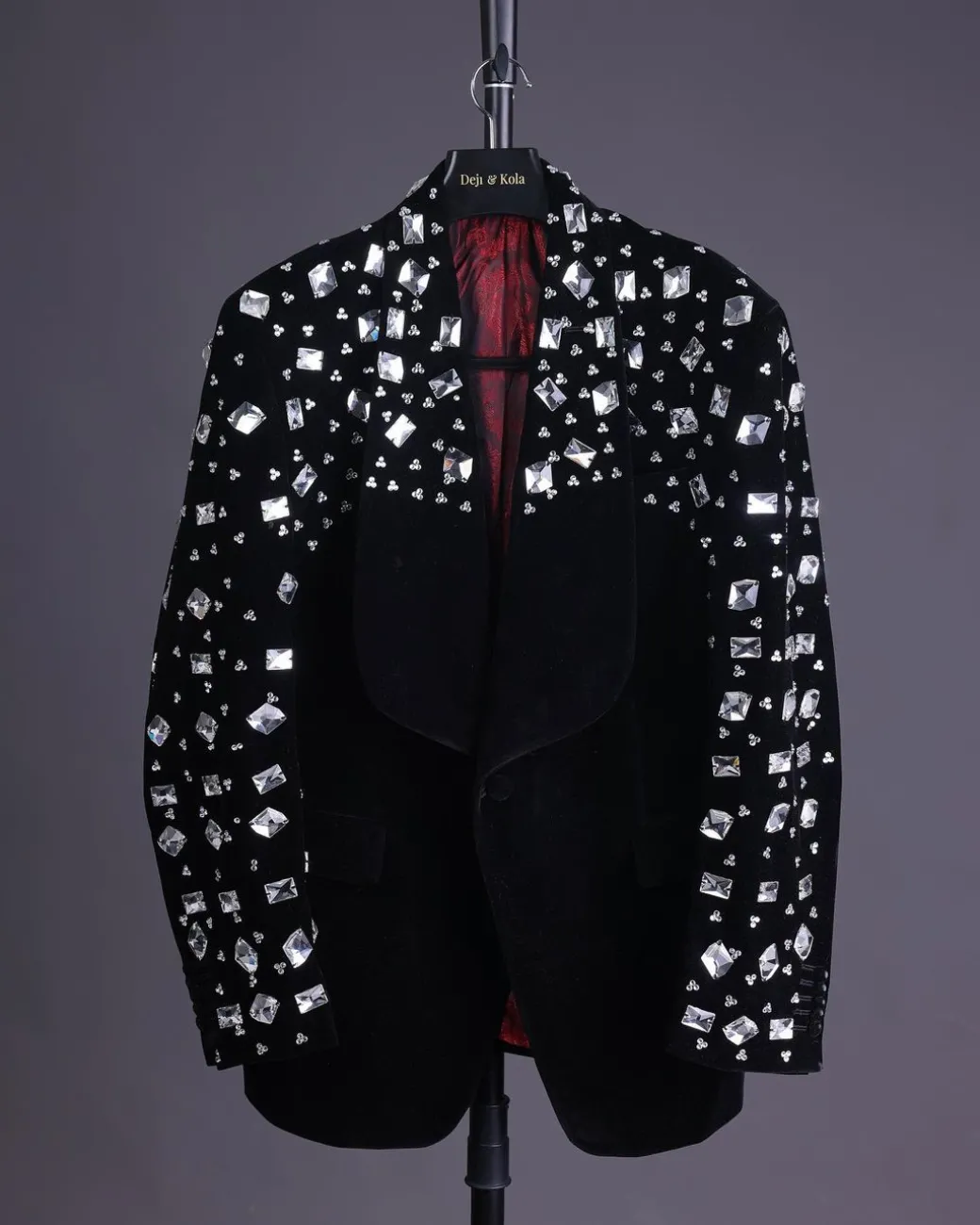 A Charcoal Black Velvet With A Clear View Of Glass & Stone Swarovski Mix Shawl Lapel Single Button Tuxedo Blazer Suit.