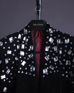 A Charcoal Black Velvet With A Clear View Of Glass & Stone Swarovski Mix Shawl Lapel Single Button Tuxedo Blazer Suit.