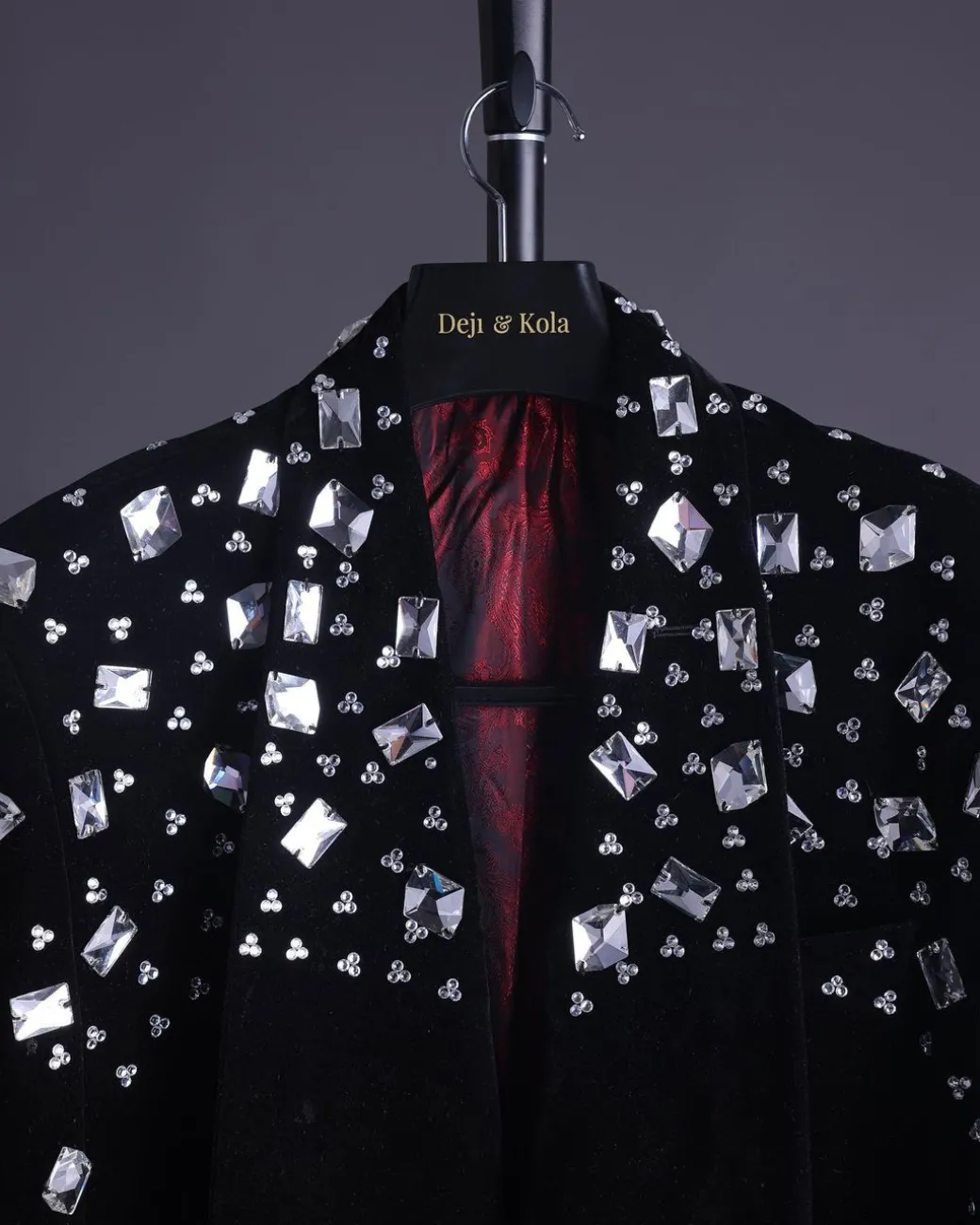A Charcoal Black Velvet With A Clear View Of Glass & Stone Swarovski Mix Shawl Lapel Single Button Tuxedo Blazer Suit.