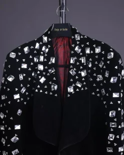 A Charcoal Black Velvet With A Clear View Of Glass & Stone Swarovski Mix Shawl Lapel Single Button Tuxedo Blazer Suit.
