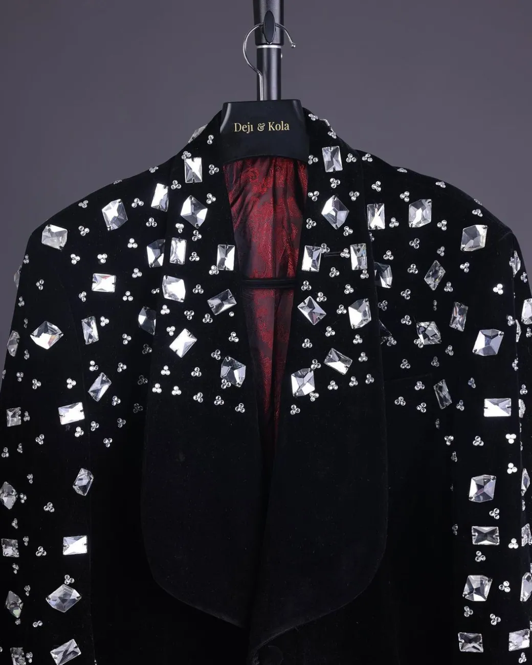 A Charcoal Black Velvet With A Clear View Of Glass & Stone Swarovski Mix Shawl Lapel Single Button Tuxedo Blazer Suit.