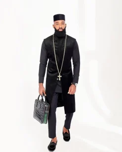 A Charcoal Black with embroidery front flap African Kaftan
