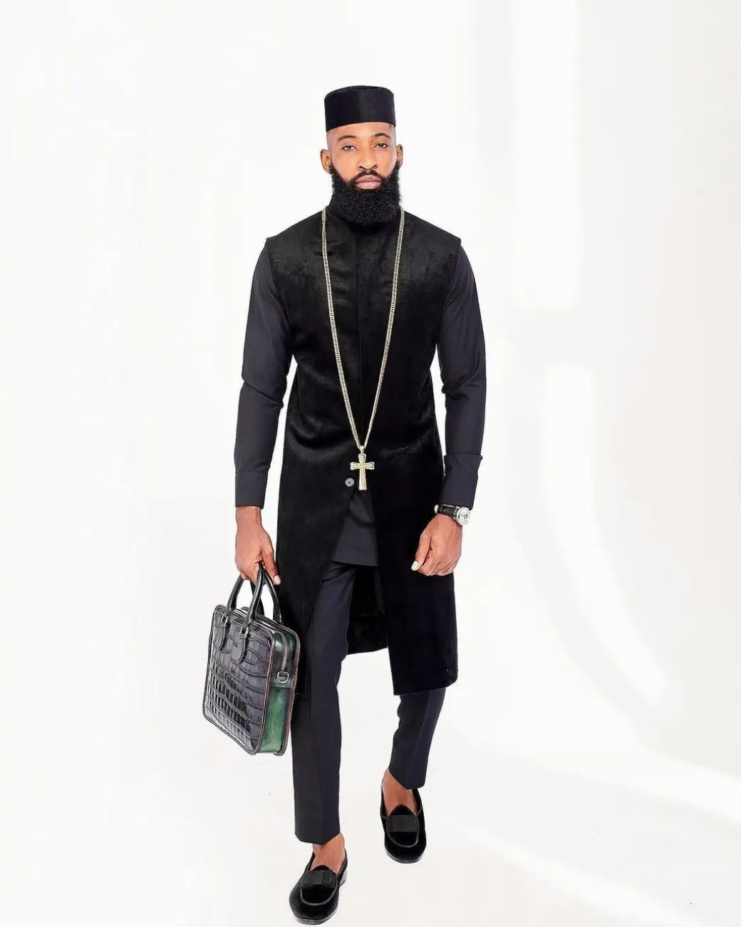 A Charcoal Black with embroidery front flap African Kaftan